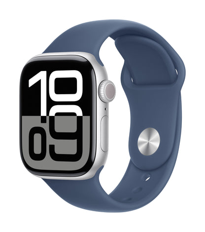 Apple Watch Series 10 GPS + Cellular 42mm Silver Aluminium Case with Denim Sport Band - M/L