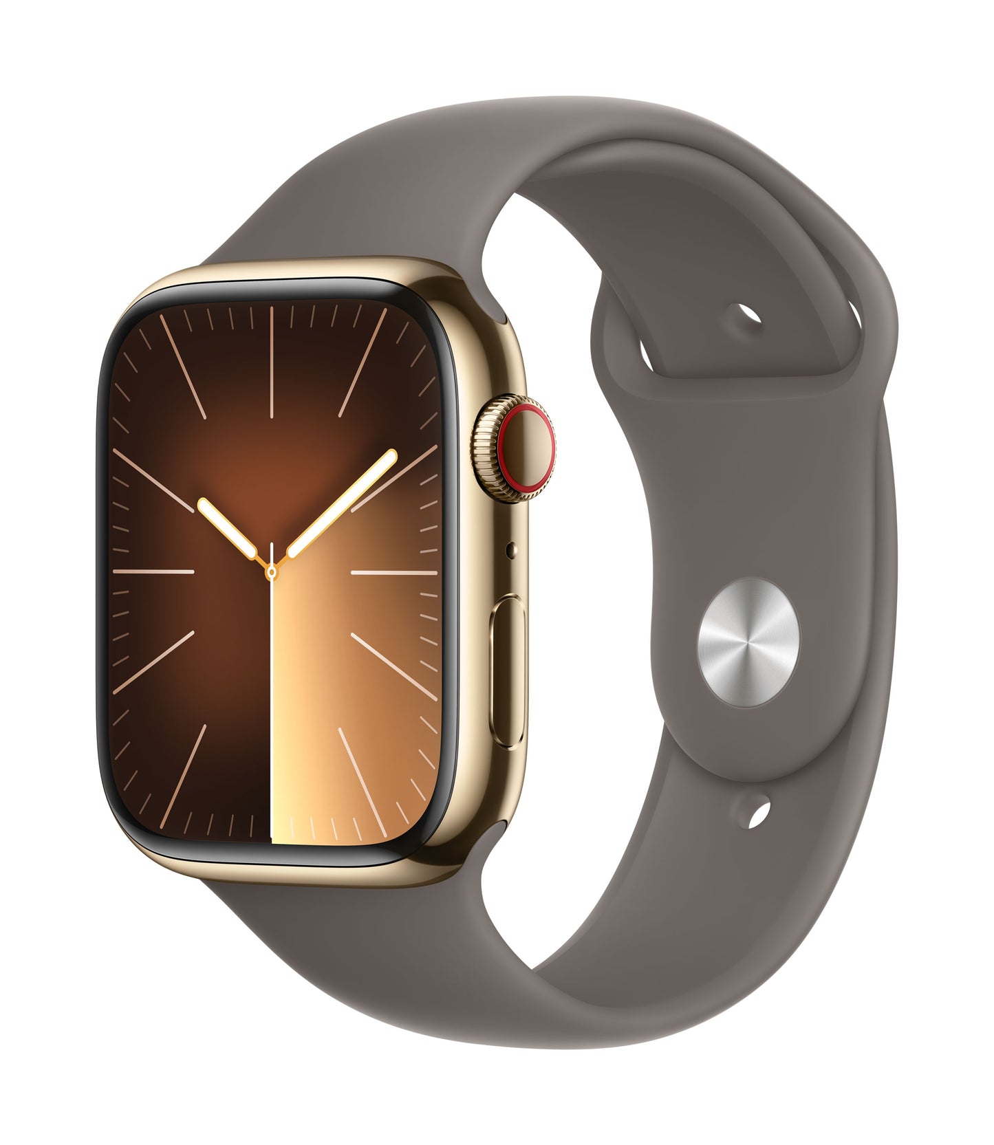 Apple Watch Series 9 GPS + Cellular, Edelstahl gold, 45mm mit Sportarmband, tonbraun - M/L