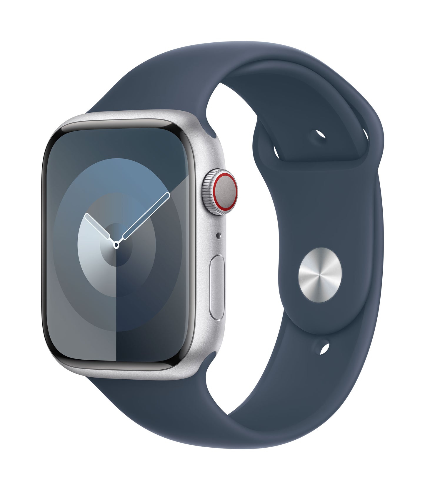 Apple Watch Series 9 GPS + Cellular, Aluminium silber, 45mm mit Sportarmband, sturmblau - M/L