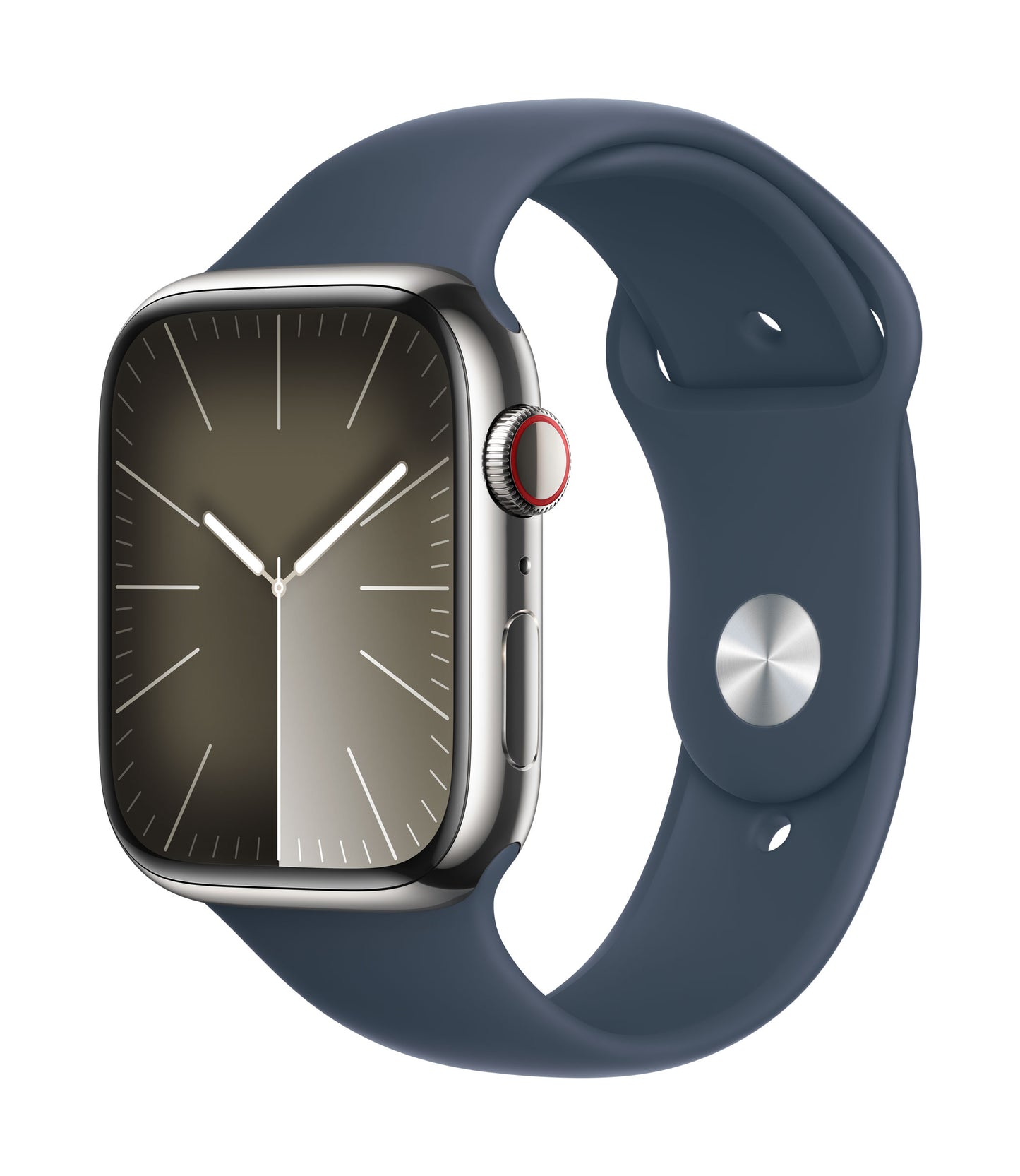 Apple Watch Series 9 GPS + Cellular, Edelstahl silber, 45mm mit Sportarmband, sturmblau - M/L