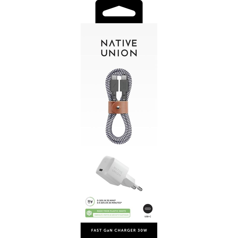 Native Union 30W USB-C Fast GaN Charger White + USB-C Cable Zebra